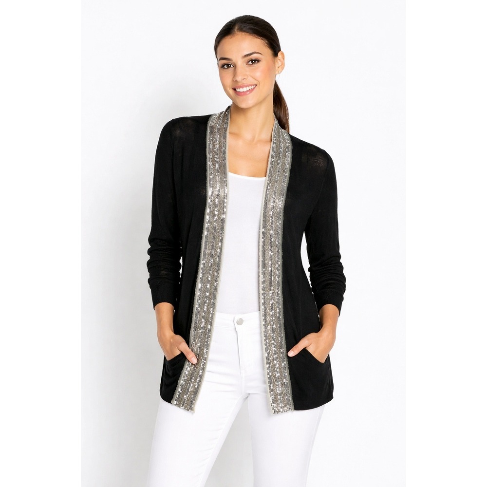 Tory Burch Cardigan Women‎ S Black Sequin Trim Linen Cotton Open Front 20103133